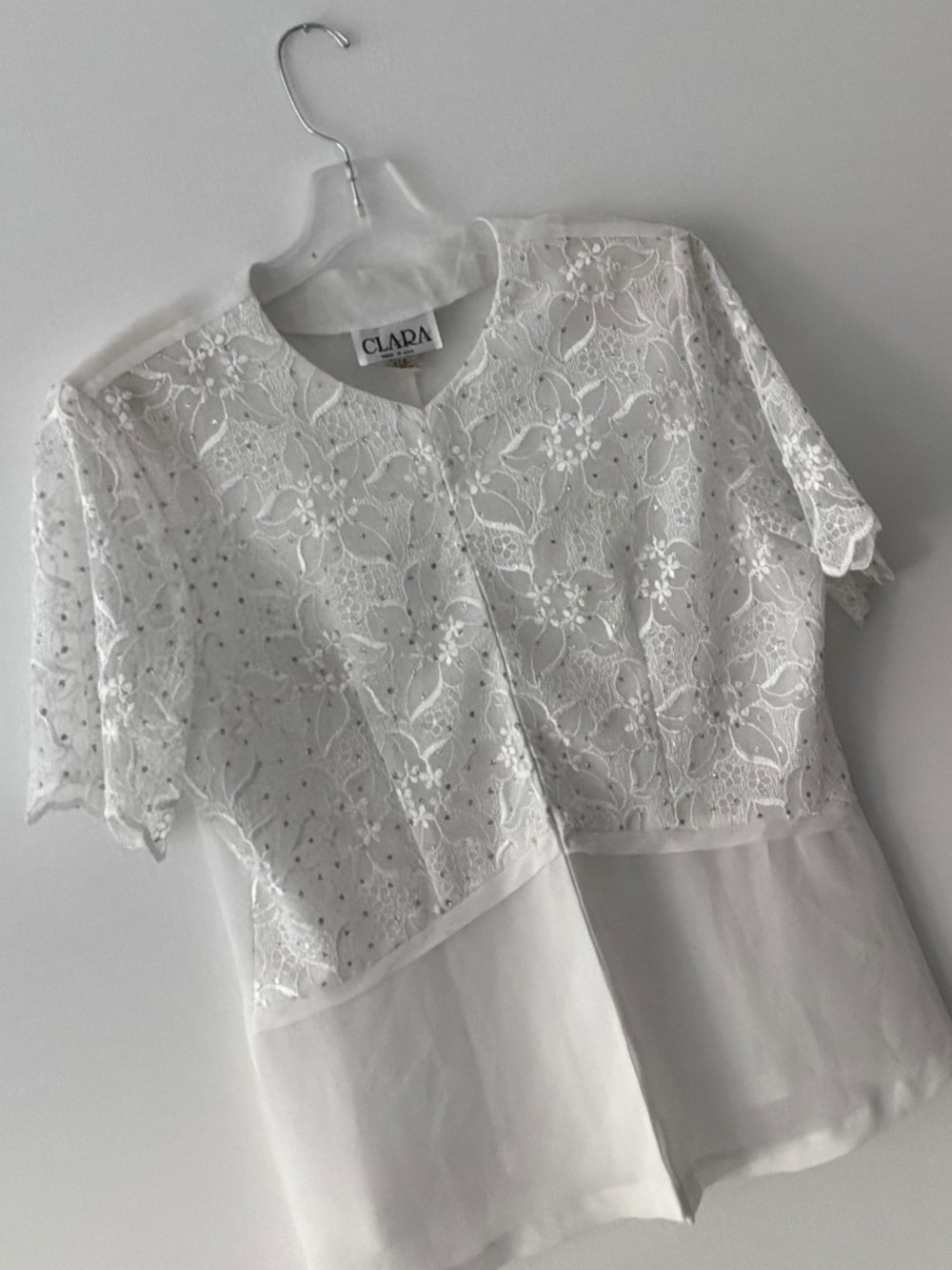 Vintage CLARA White Lace Rhinestone Blouse XL